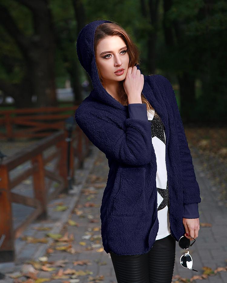 

Warm Solid Pocket Design Hoodies Fluffy Coat, Dark blue