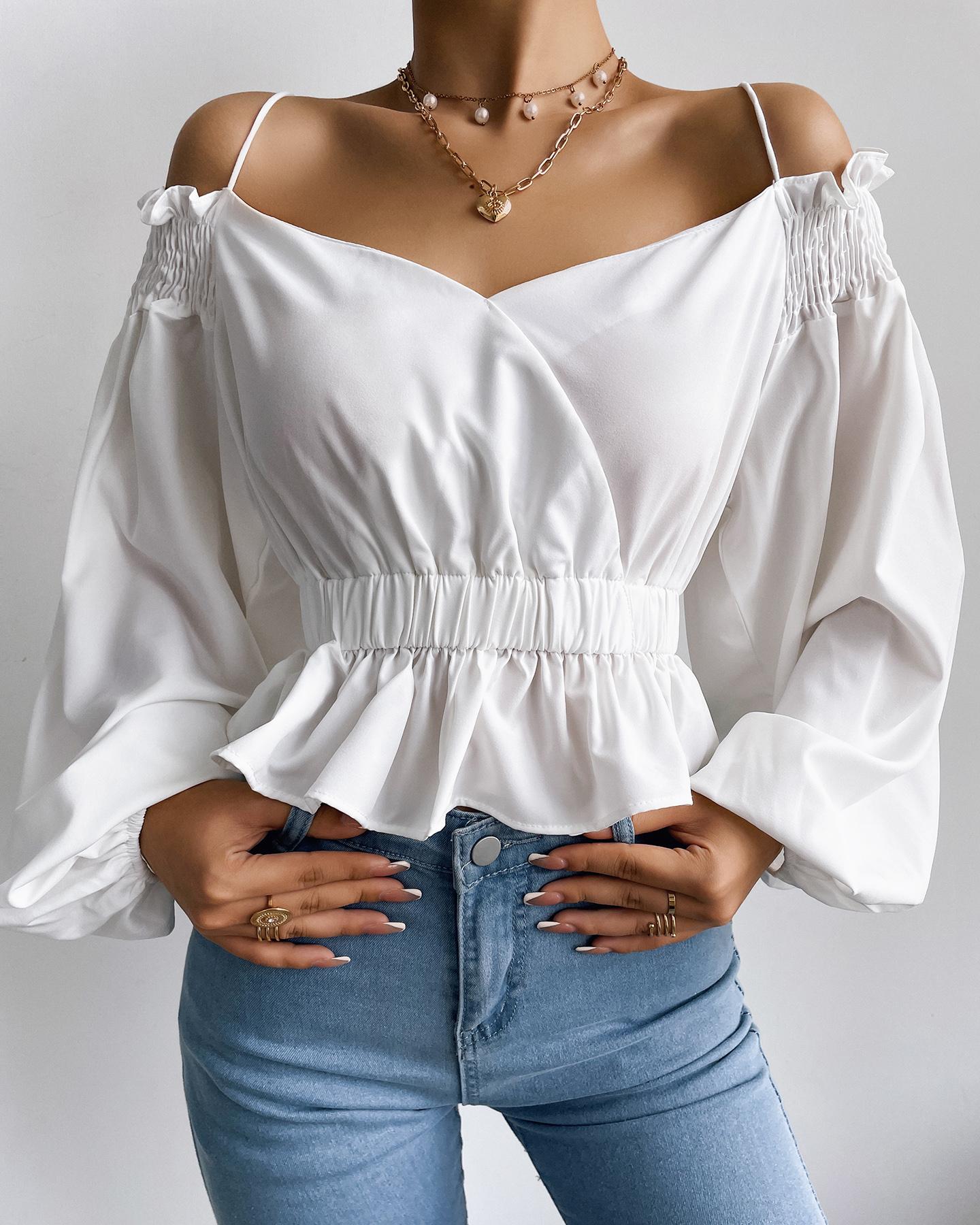 

Cold Shoulder Shirred Ruffles Crop Top, White