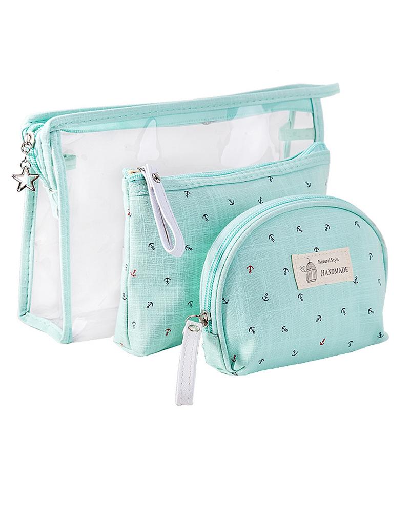 

3pcs Anchor Zipper Waterproof Accessories Organizer Cosmetic Makeup Toiletry Travel Bags Set, Green