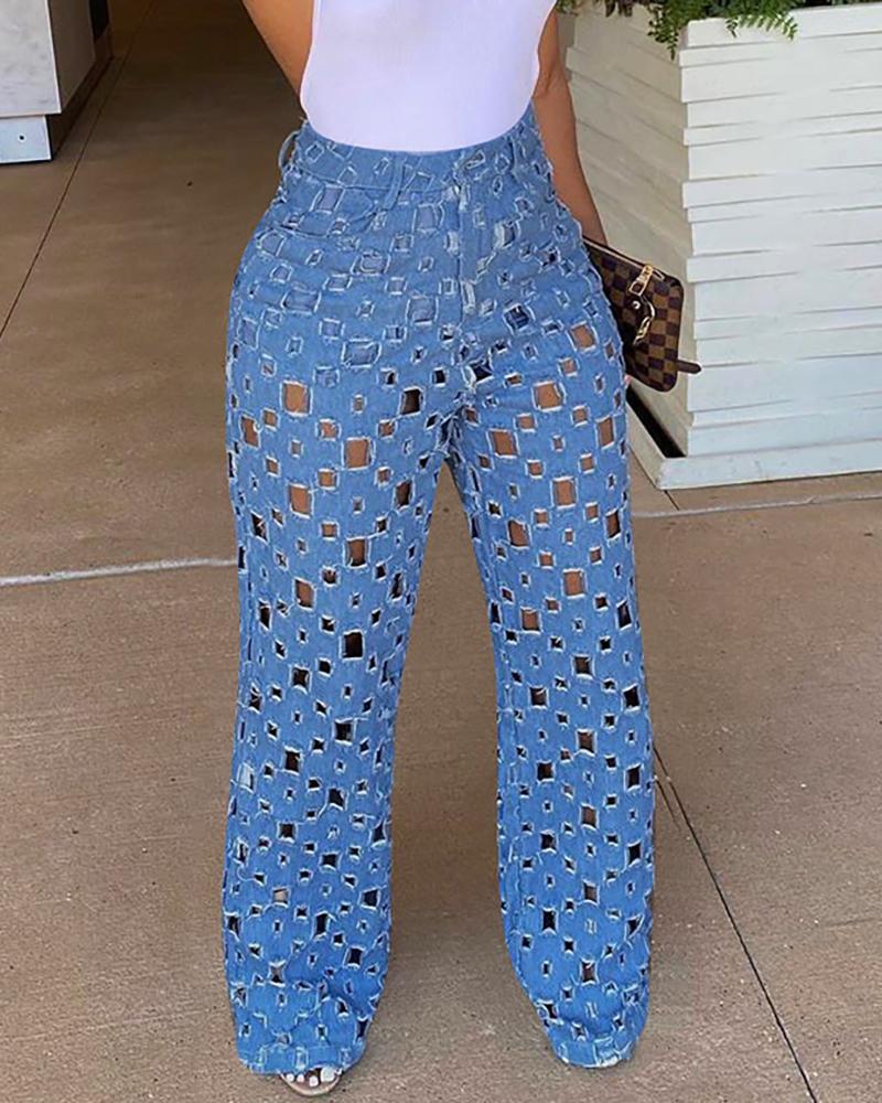 

Cutout Wide Leg Denim Pants, Blue