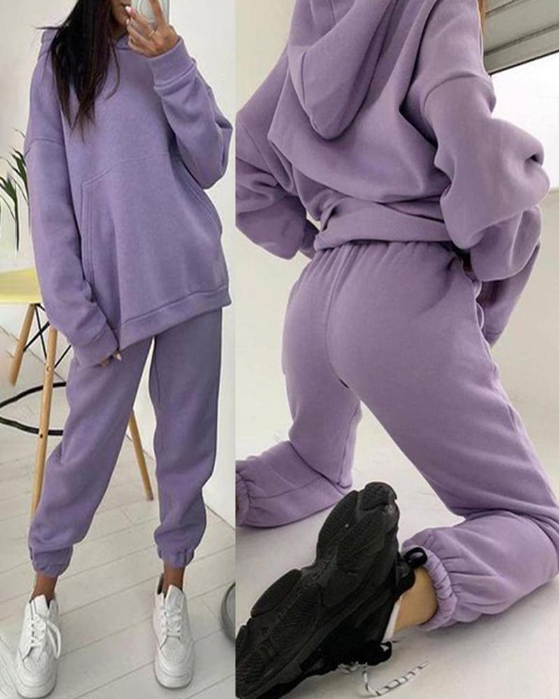 

Pocket Design Long Sleeve Hooded Top & Pants Set, Purple