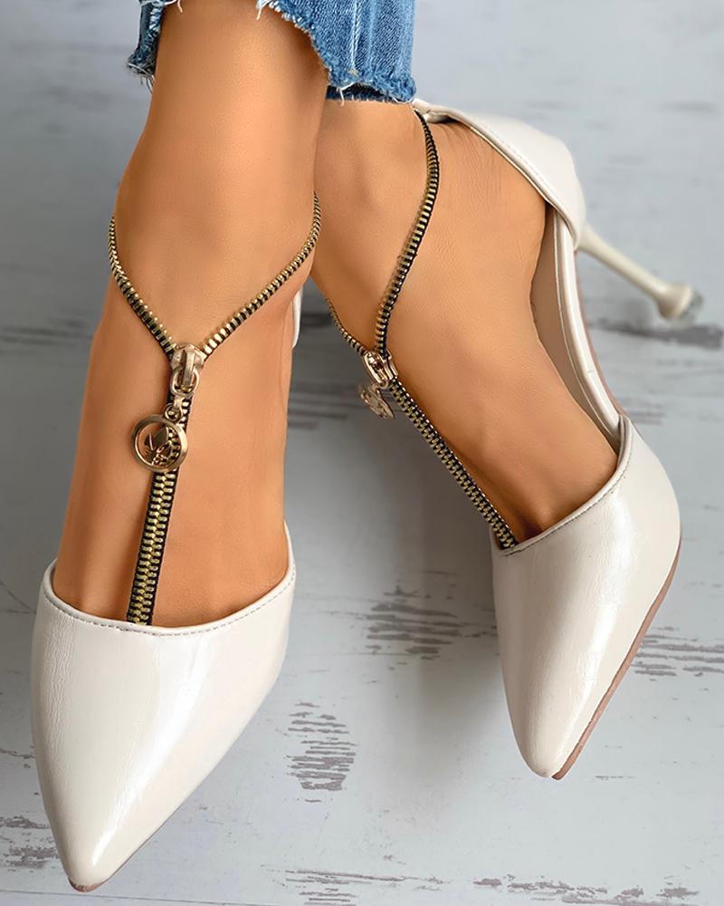 

Zipper Design Pointed Toe Stiletto Heel, Beige