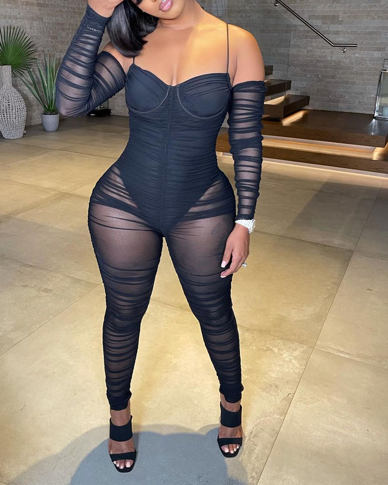 

Cold Shoulder Bodysuit Insert Sheer Mesh Ruched Skinny Jumpsuit, Black