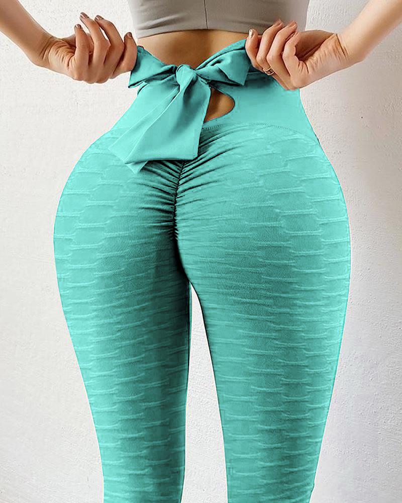 

Bubble Texture Plain Bowknot Design Cut-out Skinny Sporty Pants, Blue