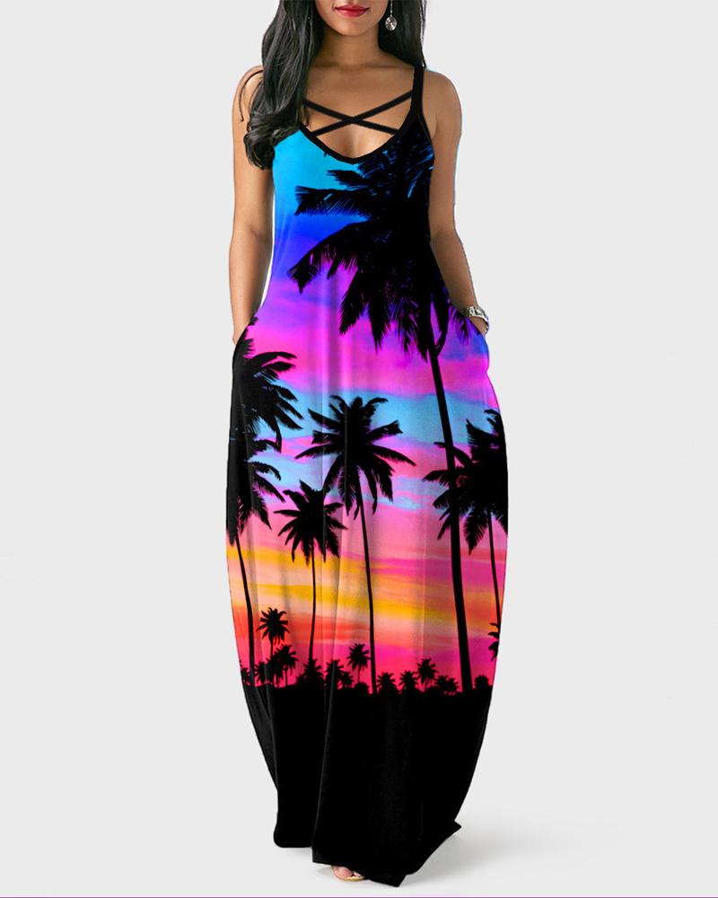 

Ink Splash / Colorblock / Palm Tree / Polkadot Print Pocket Design Maxi Dress, Style1