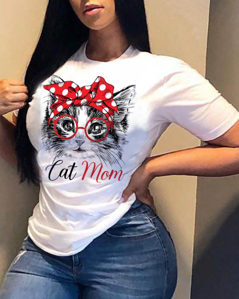 

Animal Letter Print Round Neck T-shirt, Style1