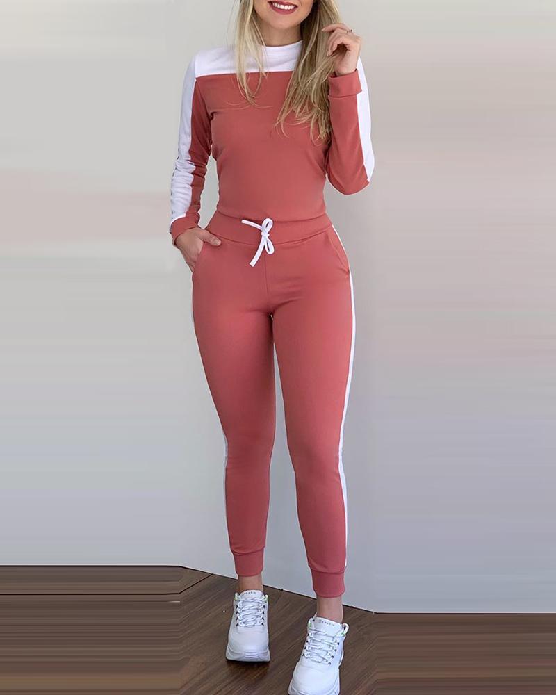 

Colorblock Long Sleeve Top & Drawstring Pants Set, Red