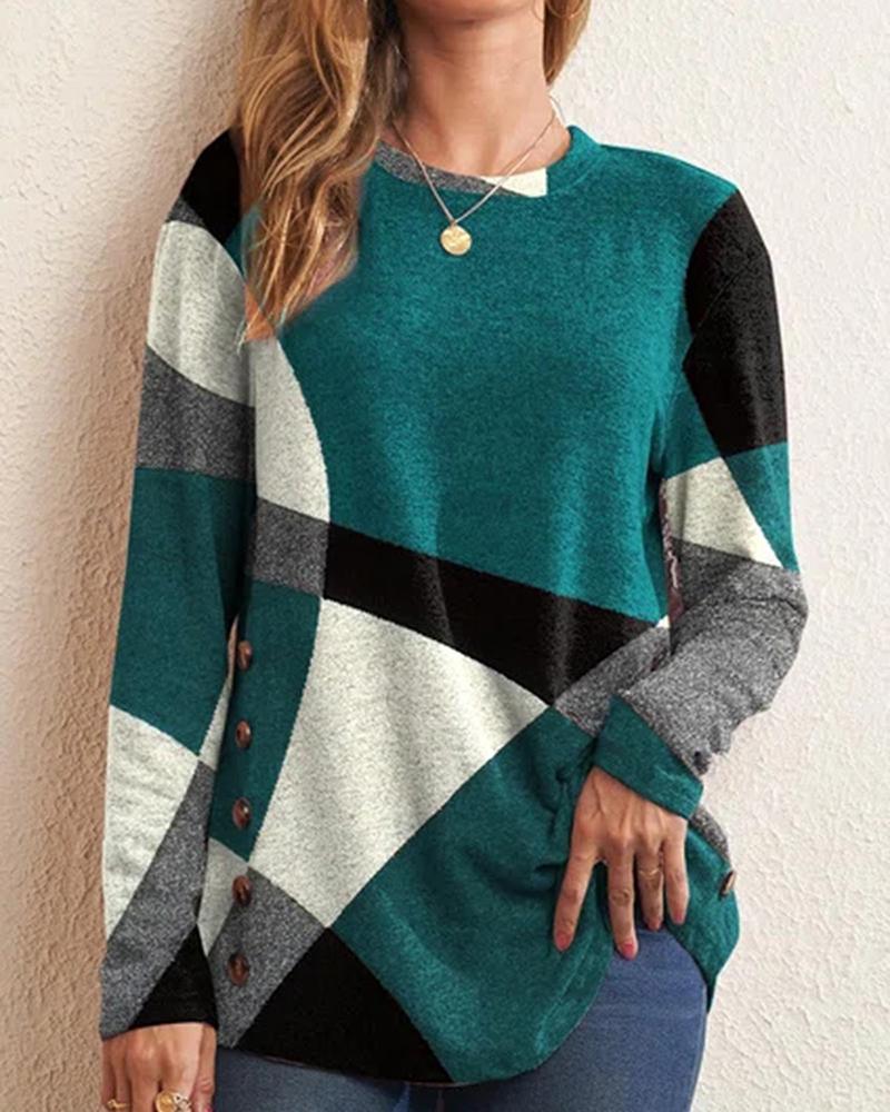 

Colorblock Buttoned Long Sleeve Top, Green