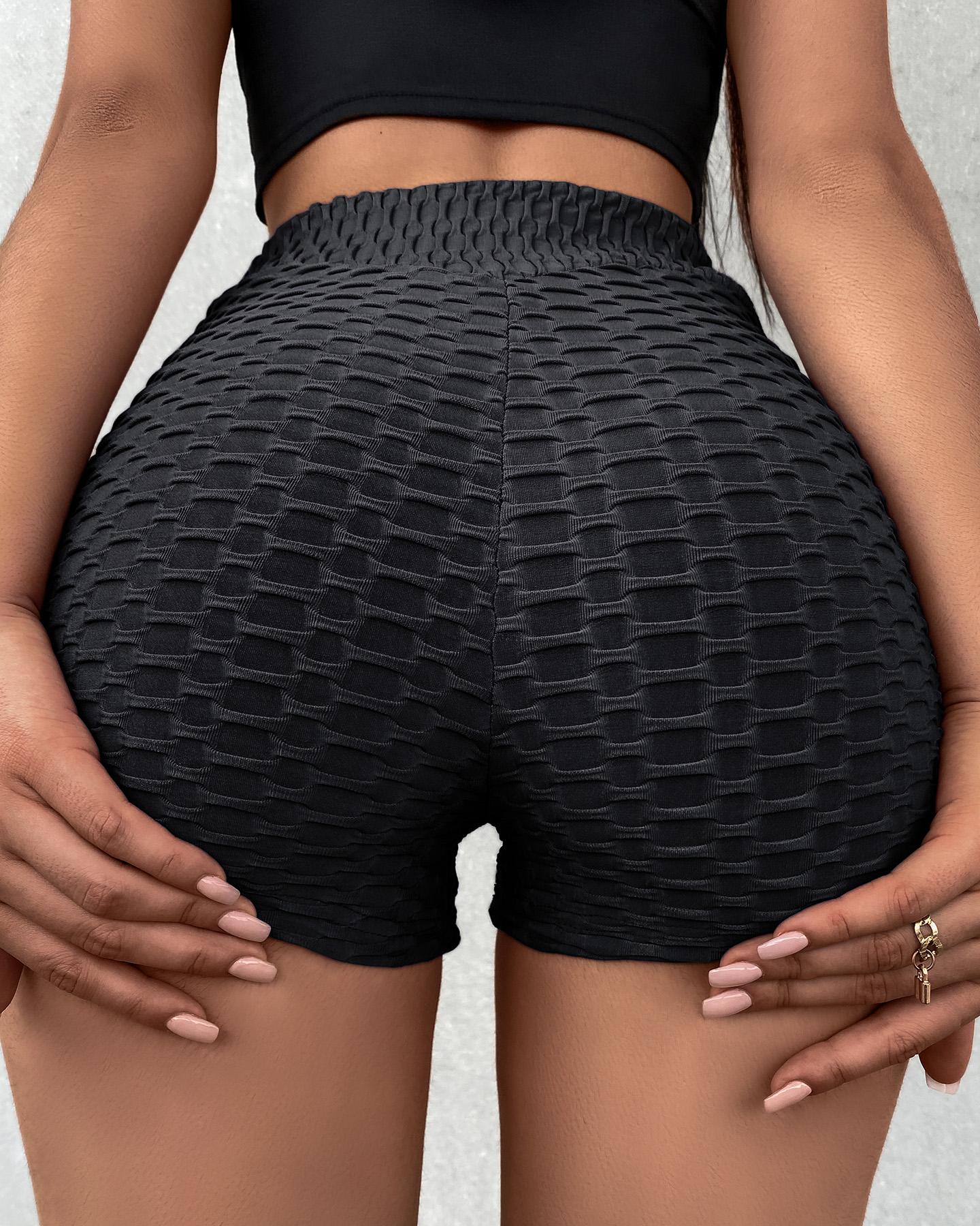 

High Waist Booty Shorts Butt Lifting Bubble Textured Yoga Shorts, Black