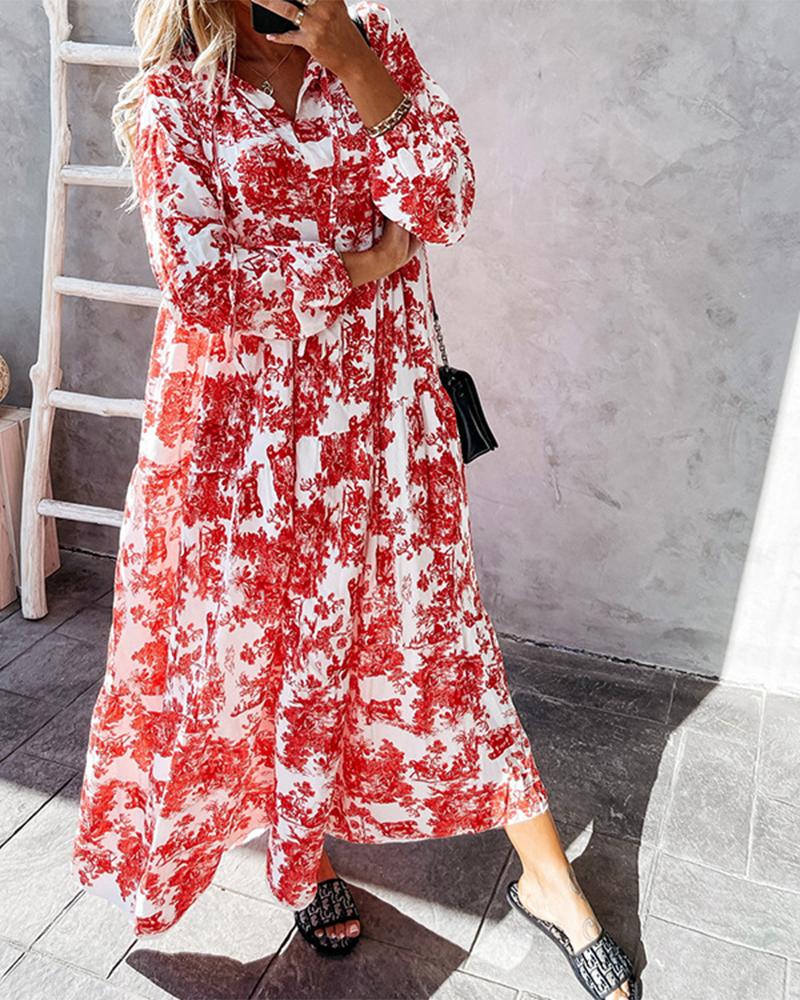 

All Over Print Lantern Sleeve Maxi Dress, Red