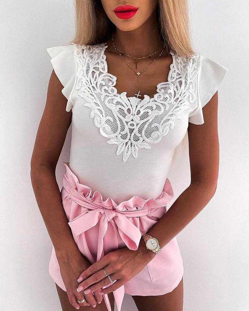 

Guipure Lace Patch Ruffles Sleeve T-shirt, White