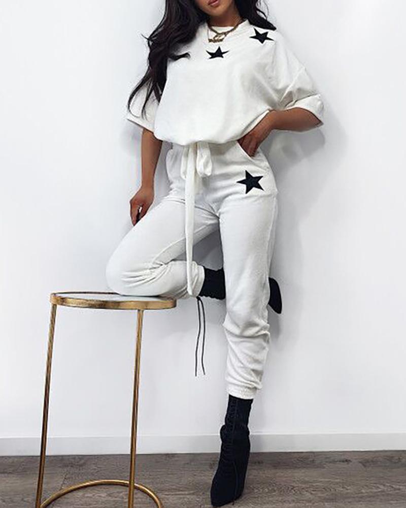 

Graphic Print Tie Front Sporty Top & Shorts Sets, White