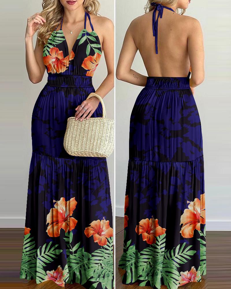 

Robe maxi dos nu dos nu imprimé tropical, Purplish blue