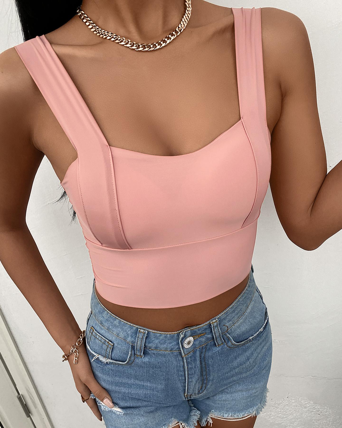 

Plain Casual Crop Tank Top, Pink