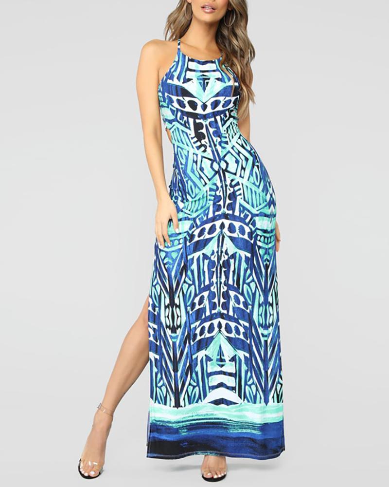 

Print Lace-Up Back Side Slit Maxi Dress, Sky blue