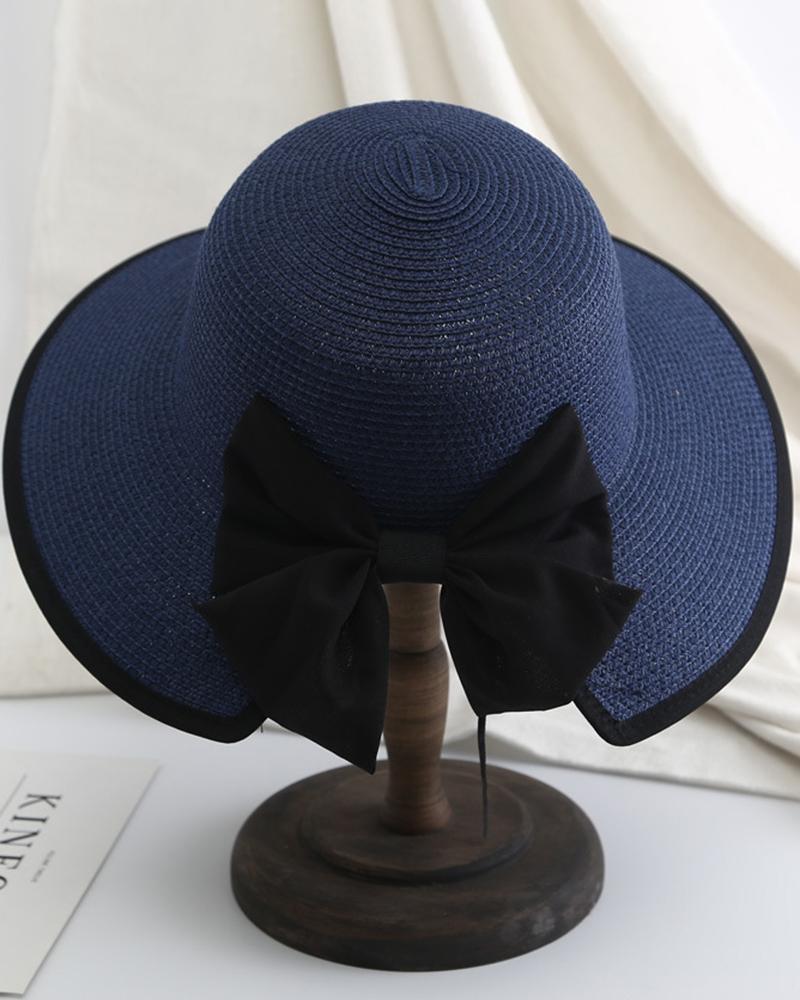 

Bowknot Decor Contrast Tape Wide Brim Straw Hat, Purplish blue