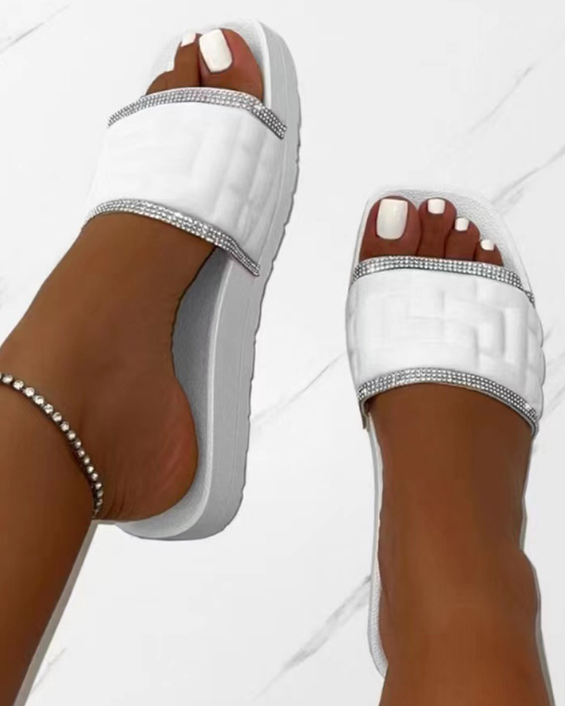 

Rhinestone Contrast Paneled Wide Strap Slippers, White