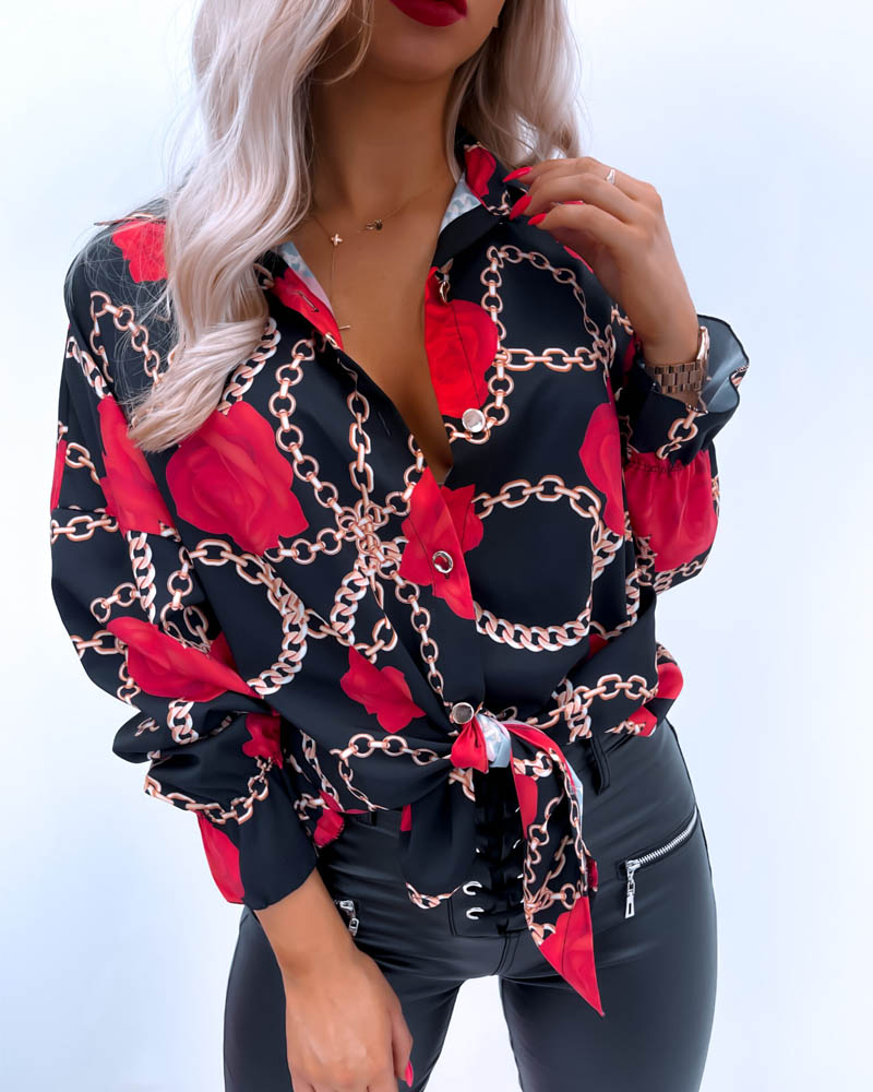 

Chain Floral Print Button Down Shirt, Black