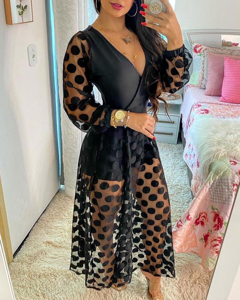 

Polkadot Print Wrap Long Sleeve Maxi Dress, Black