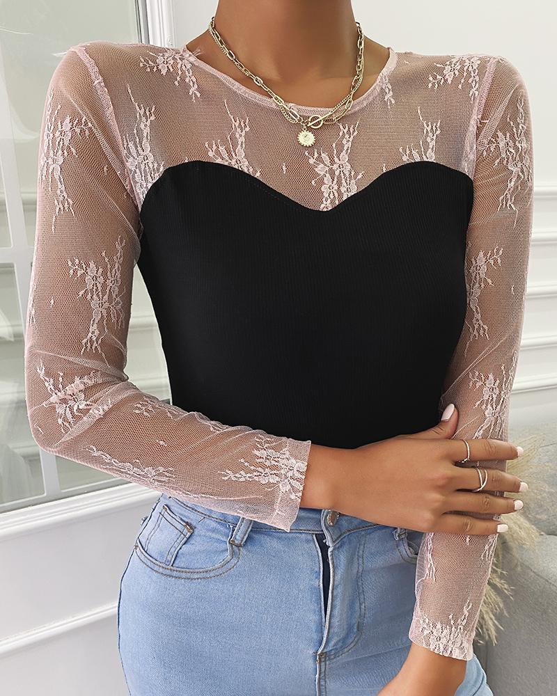 

Sheer Mesh Floral Lace Colorblock Blouse, Black