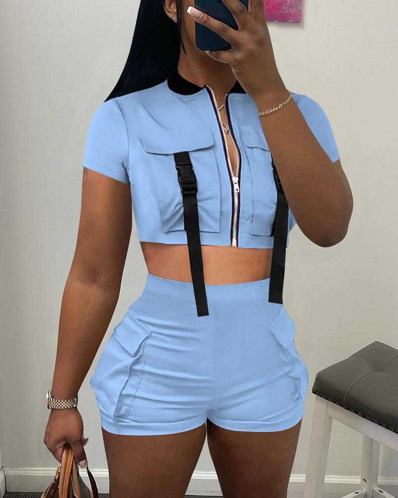 

Buckled Pocket Design Baseball Collar Top & Shorts Set, Sky blue