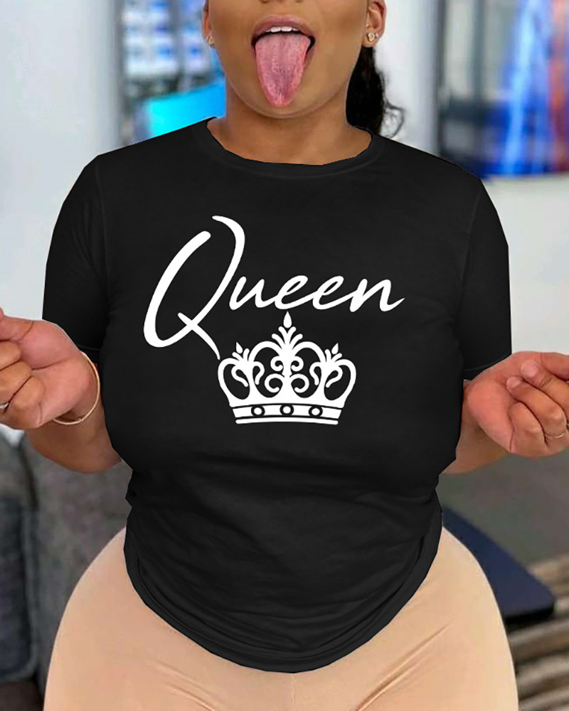 

Crown Letter Print Short Sleeve T-shirt, Black