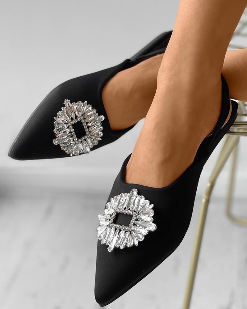 

Rhinestone Decor Pointed Toe Slingback Shoes, Black