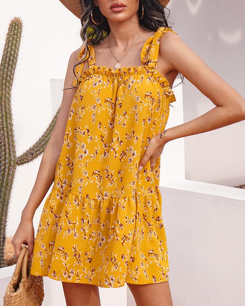 

Tied Detail Floral Print Frill Hem Dress, Yellow