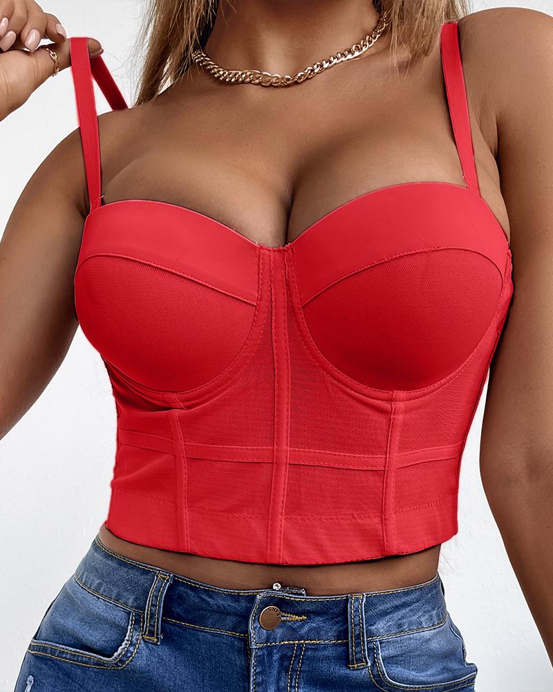 

Sheer Mesh V-Neck Spaghetti Strap Corset Crop Top, Red