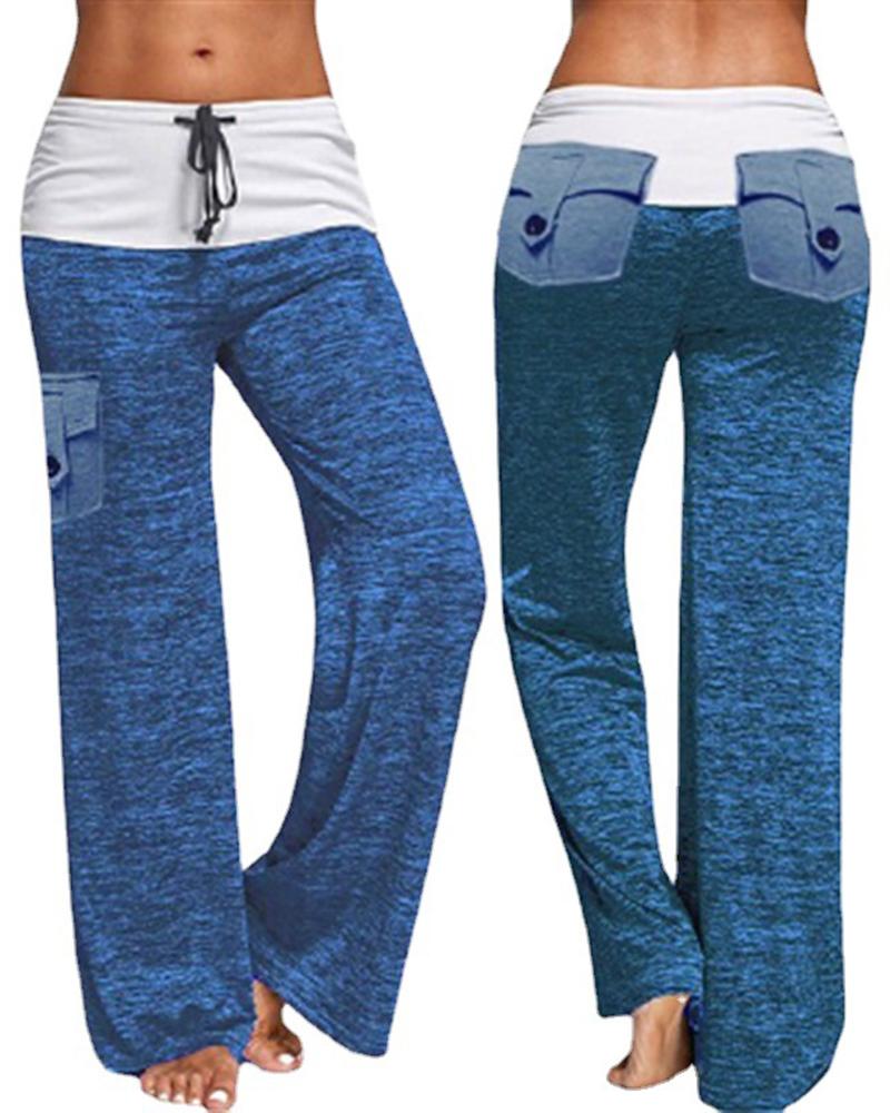 

Drawstring Colorblock Pocket Design Wide Leg Pants, Blue