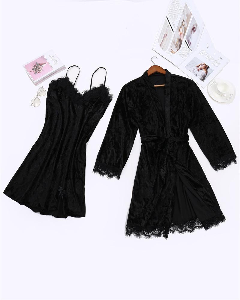 

Bowknot Decor Lace Trim Velvet Nightdress With Belted Robe, Black