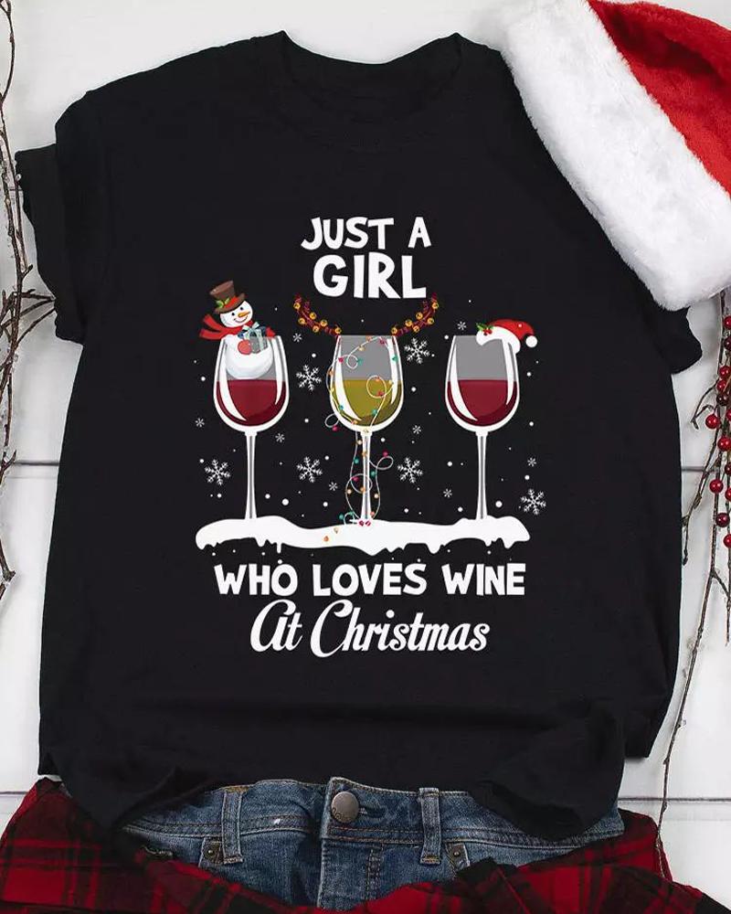 

Christmas Snowman Wine Glass Print Casual T-shirt, Black