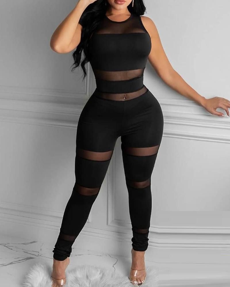 

Sheer Mesh Sleeveless Skinny Jumpsuit, Black