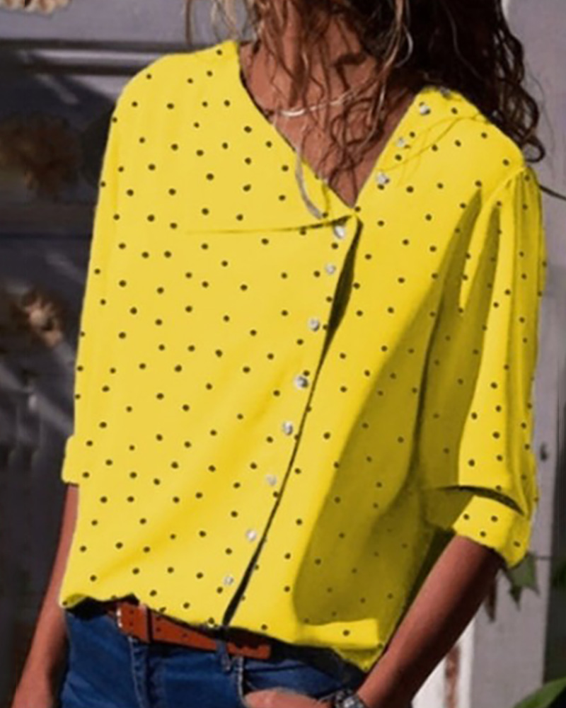 

Button Up Dot Print Casual Blouse, Yellow