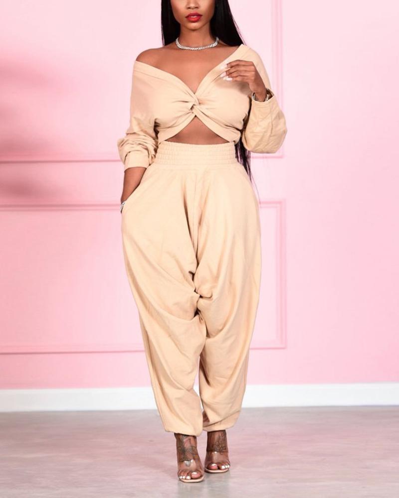 

Solid Long Sleeve Cross Blouse With Pants Suit Sets, Khaki