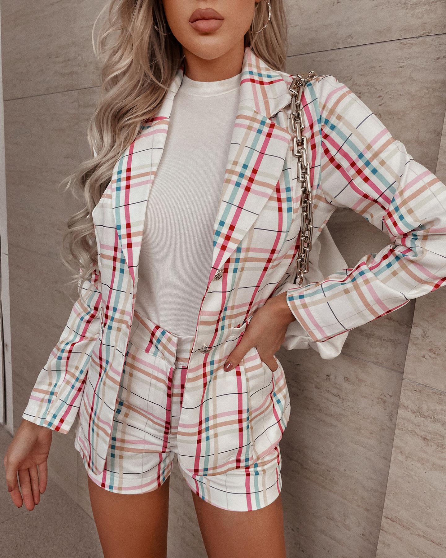

Colorful Plaid Lapel Collar Double Button Blazer & Shorts Set, Style1