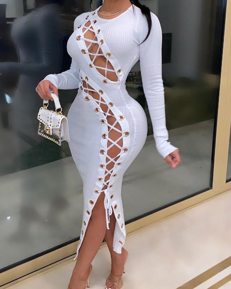 

Hollow Solid Color Long Sleeve Long Dress, White