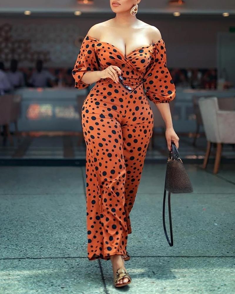 

Off Shoulder Dot Print Ruched Jumpsuit, Orange