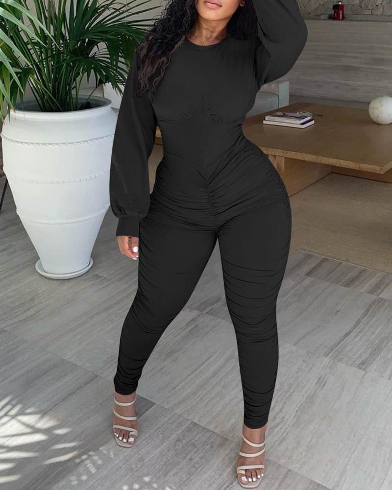 

Solid Lantern Sleeve Ruched Jumpsuit, Black