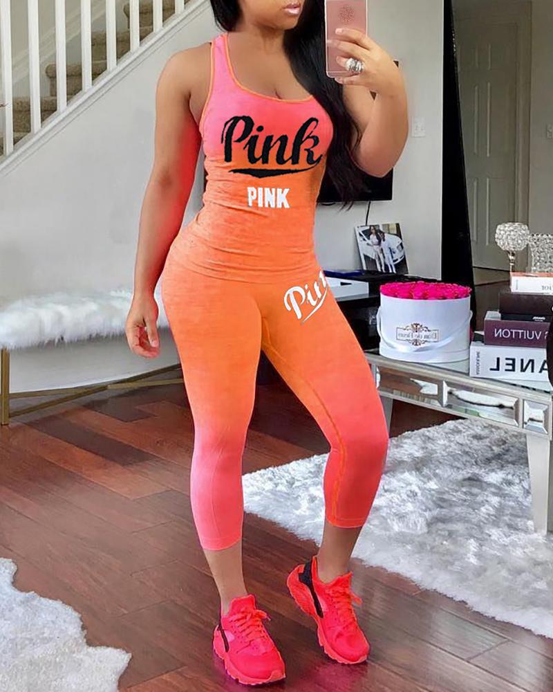 

Tie Dye Letter Print Tank Top & Cropped Pants Set, Orange