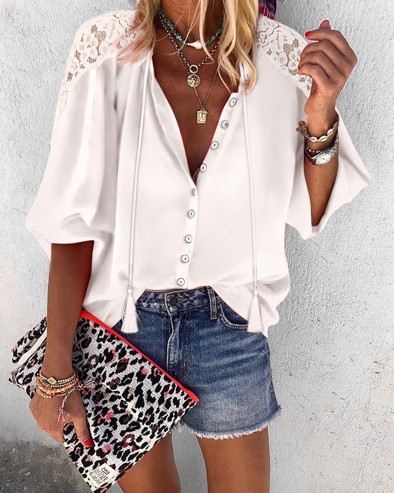

Crochet Lace Lantern Sleeve Shirt, White