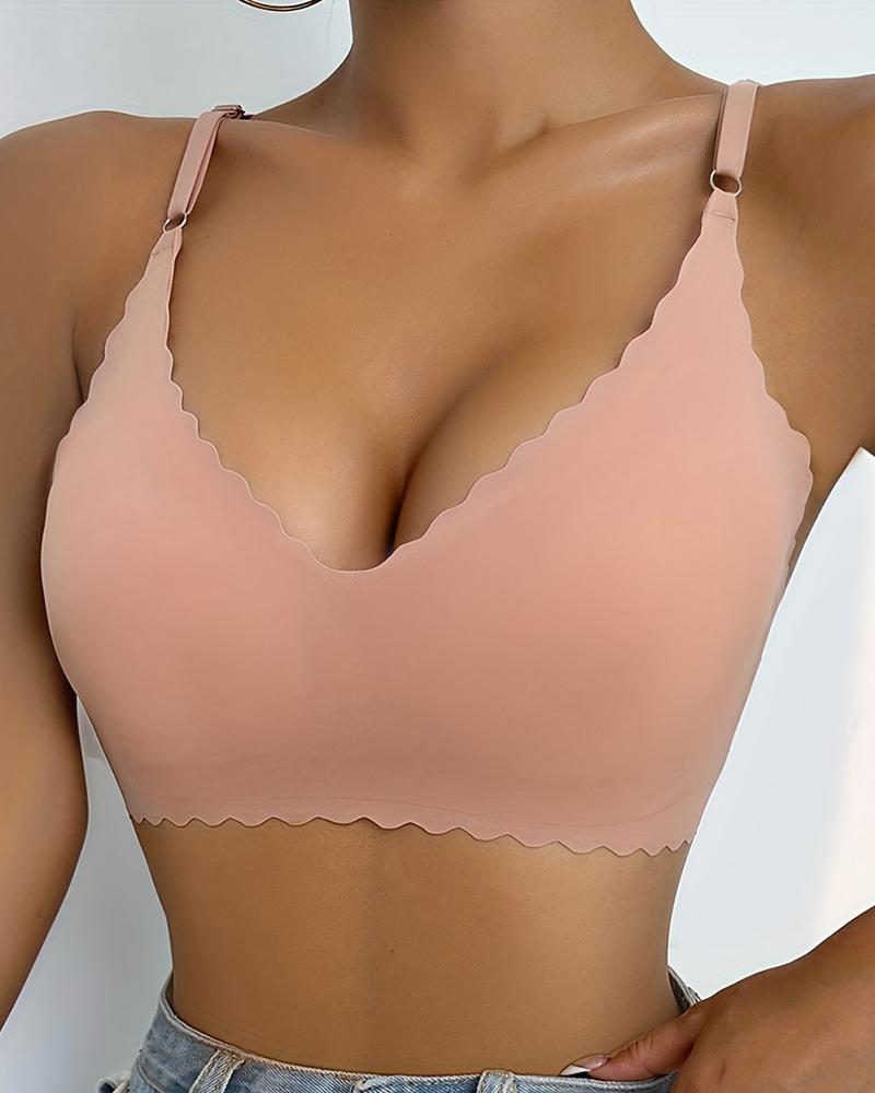 

Scallop Trim Wireless Bra Comfortable Seamless Intimates Bralette, Nude