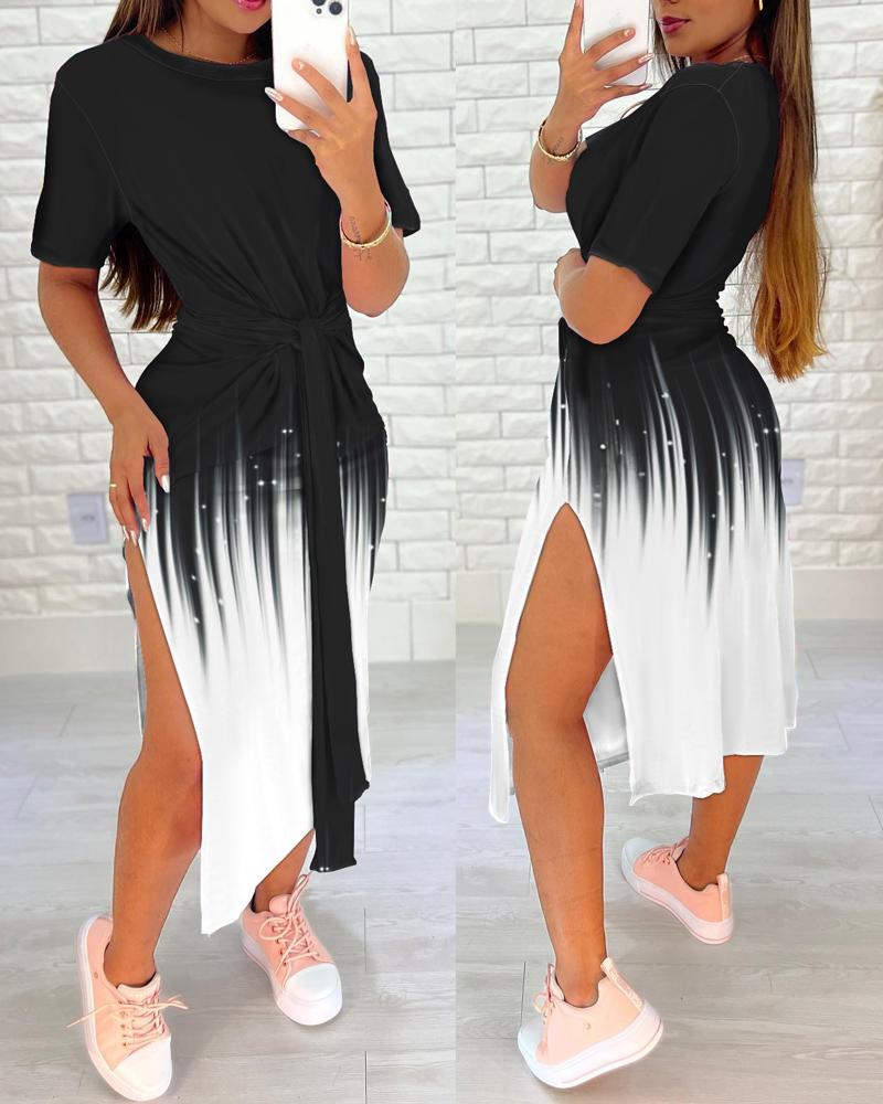 

Abstract Print Colorblock Slit Casual Dress, Blackwhite