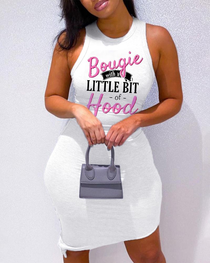 

Letter Print Sleeveless Ribbed Bodycon Dress, White