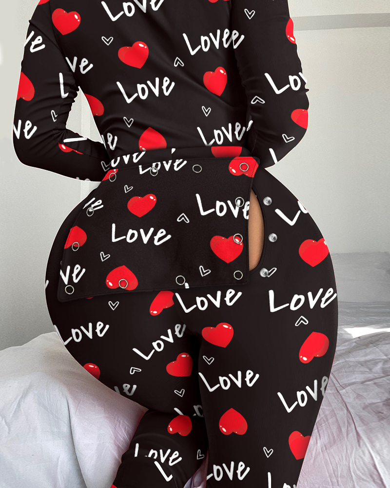 Heart Letter Print Functional Buttoned Flap Sleep Onesie