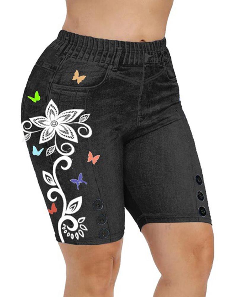 

Plus Size Floral Butterfly Denim Look Print High Waist Shorts, Black