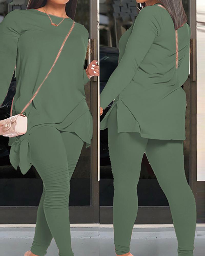 

Knotted Slit Long Sleeve Top & Ruched Pants Set, Green