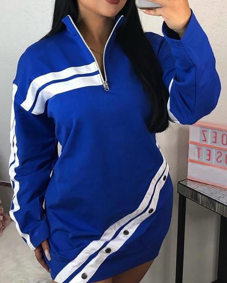 

Contrast Color Striped Tape Zipper Casual Dress, Blue