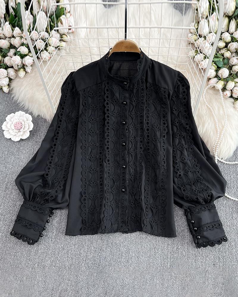 

Contrast Lace Stand Collar Buttoned Top, Black