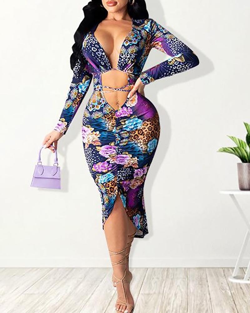 

Graphic Print Cutout Tied Detail Dress, Multicolor